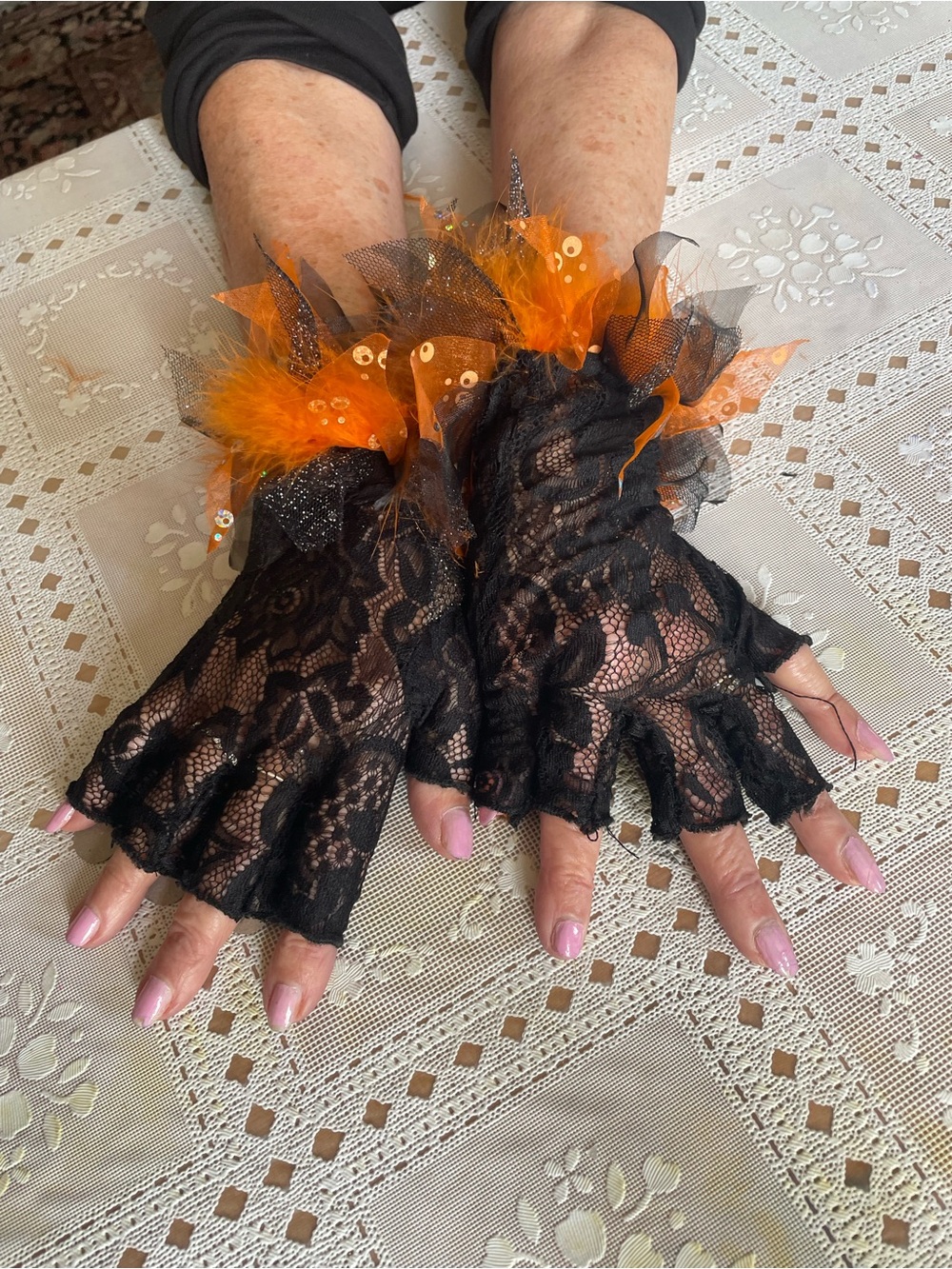 Source Unknown Black Lace Fingerless Gloves with Orange Tulle & Sequins